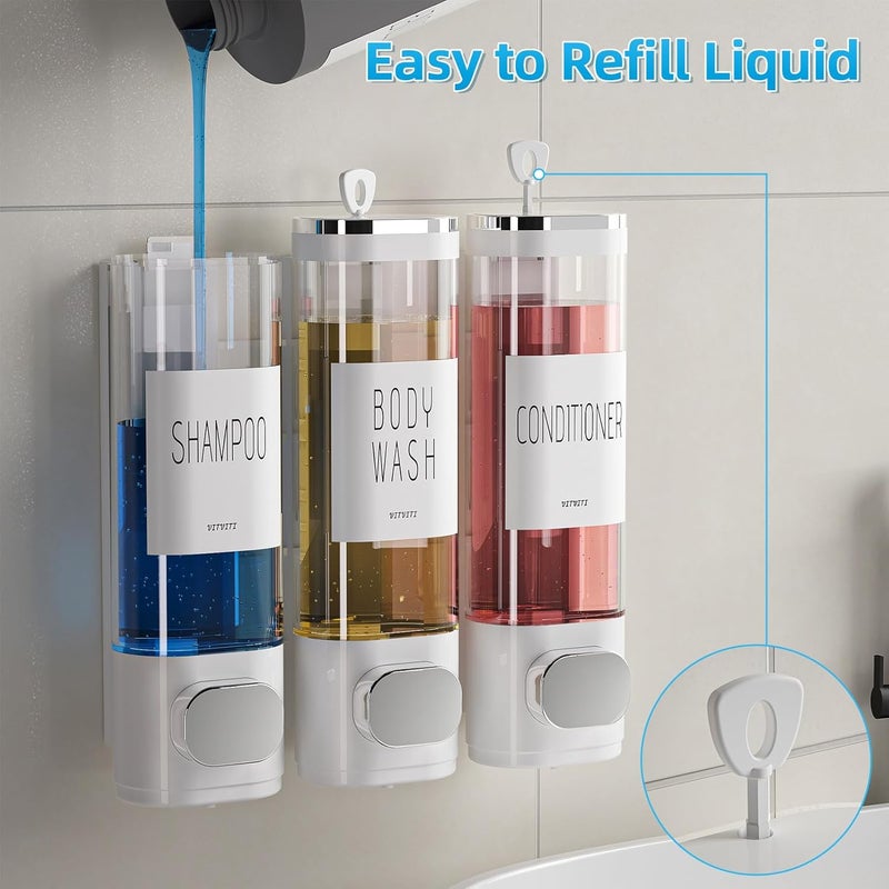 VITVITI Shampoo and Conditioner Dispenser for Shower Wall, Shower Soap Dispenser 3 Chamber No Drill Wall Mounted, 10.2 OZ Plastic Refillable Shower/Body Wash Bottles for Bathroom (White) - Image 2